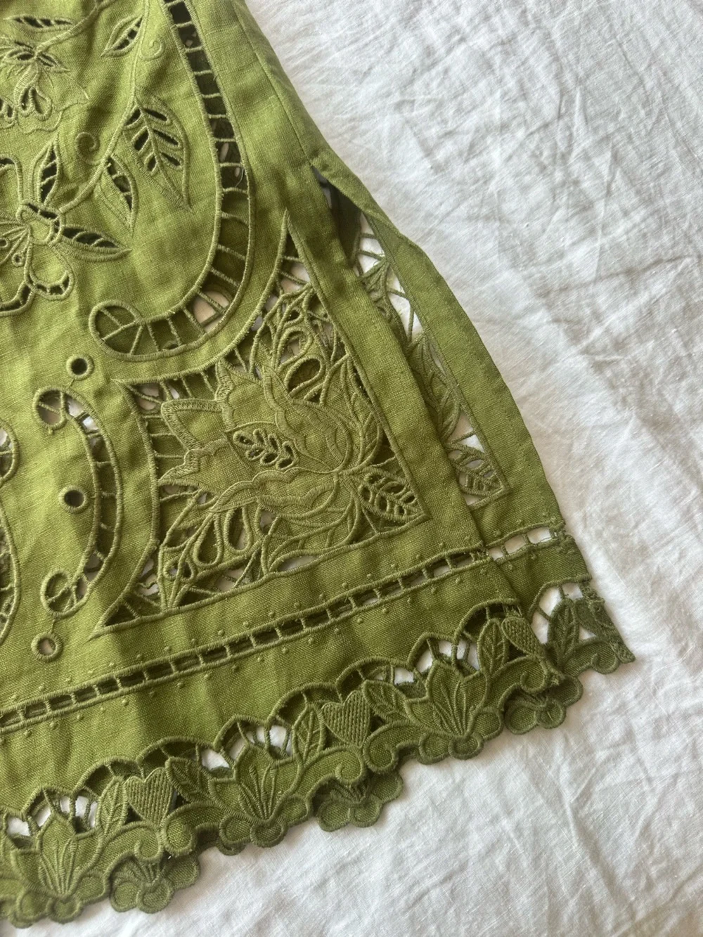 FARM Rio 100% Linen Olive Green Cutwork Midi Skirt - Picture 5 of 10